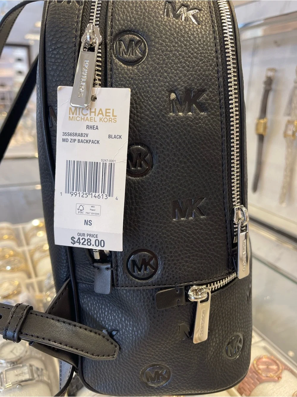 Michael Kors Rhea Medium Zip MK Logo Debossed Backpack Black NWT
